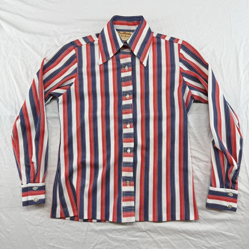 Vintage Careerlook Shirt Mens Small Red White Blue Stripe Union Made USA 70s